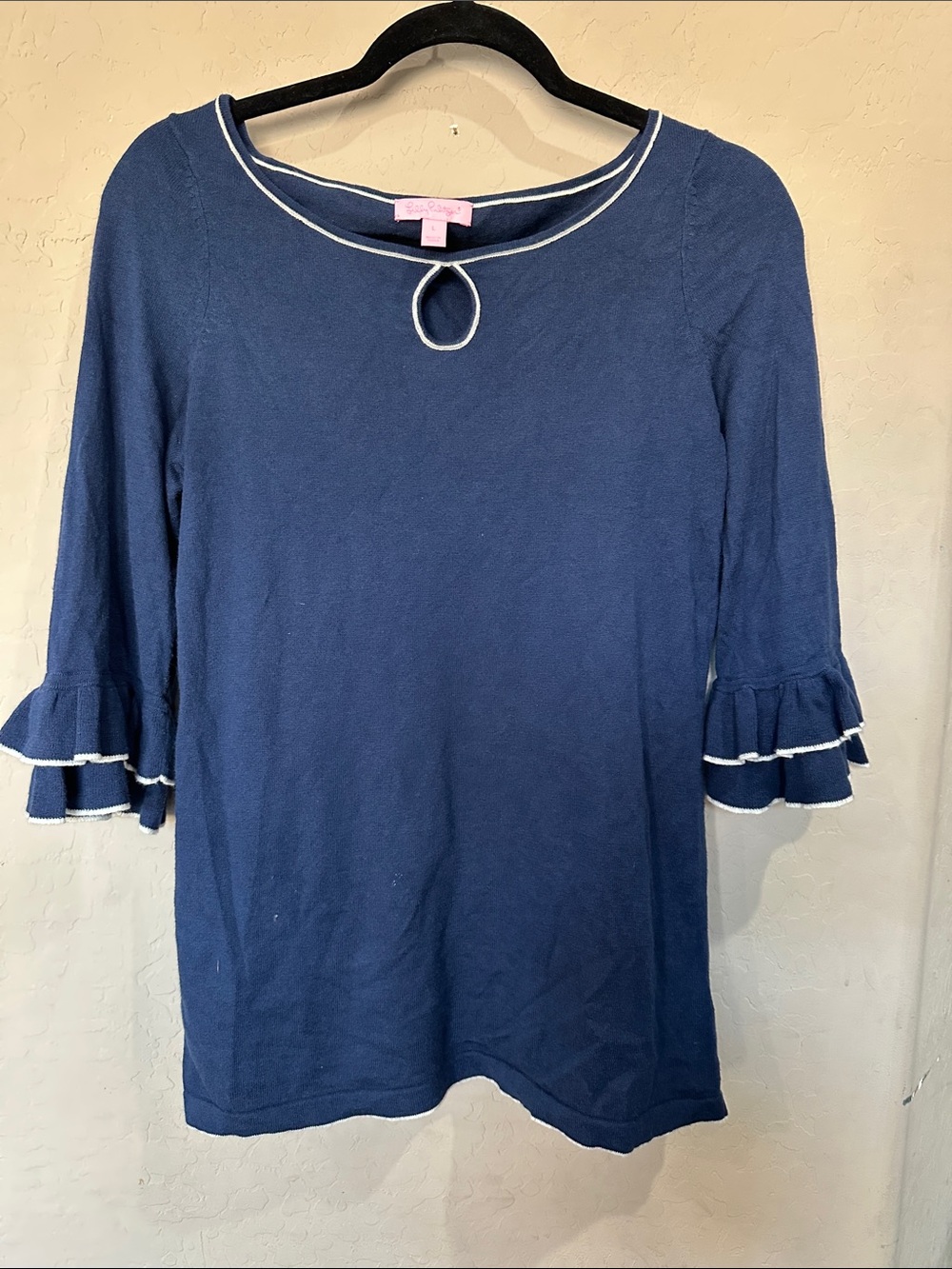Lilly Pulitzer Navy Knit Top with White Trim and Ruffle Sleeves